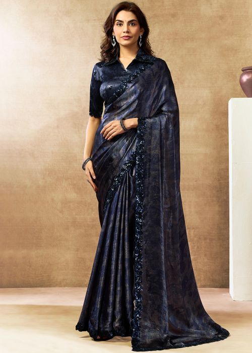 Navy Blue Satin Saree With Abstract Print