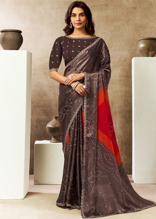 Brown Satin Saree With Bandhani Print
