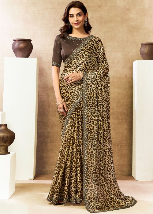Cream Leopard Print Satin Saree