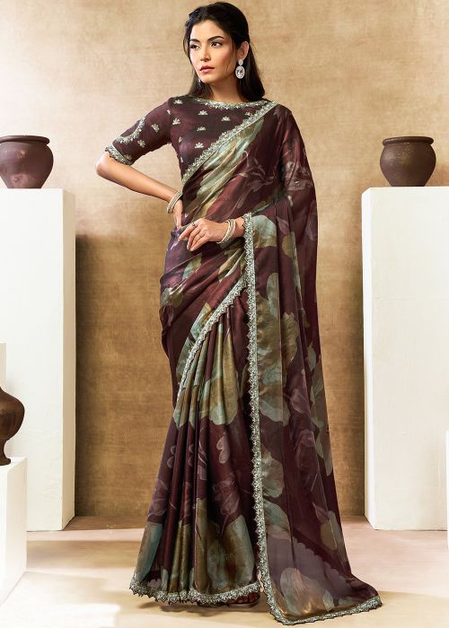 Brown Satin Saree With Floral Print