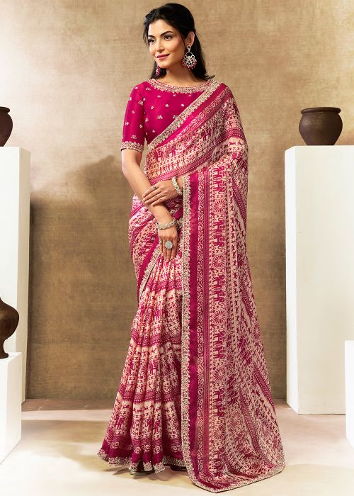 Pink Satin Saree With Ethnic Print Border