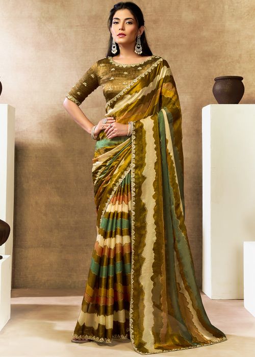 Green Satin Saree With Leheriya Print
