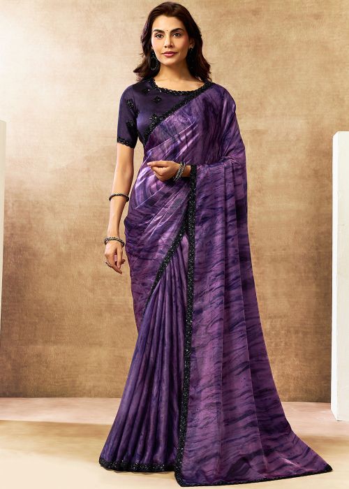 Purple Satin Saree With Abstract Print