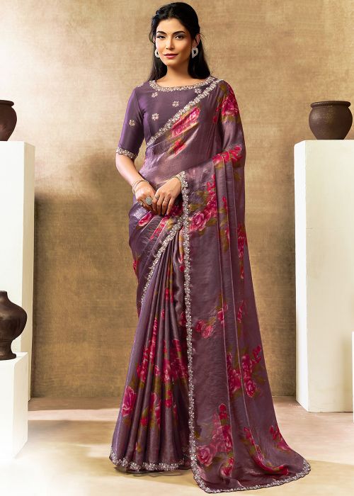 Mauve Purple Satin Saree With Floral Print