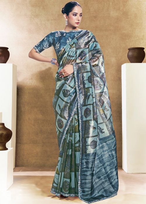 Blue Silk Saree With Traditional Print