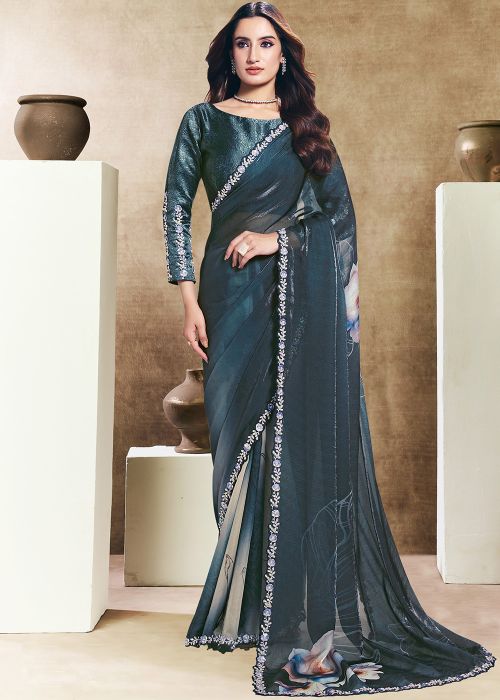 Steel Blue Satin Saree With Floral Accent