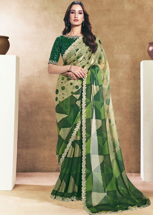 Green Satin Saree With Abstract Print