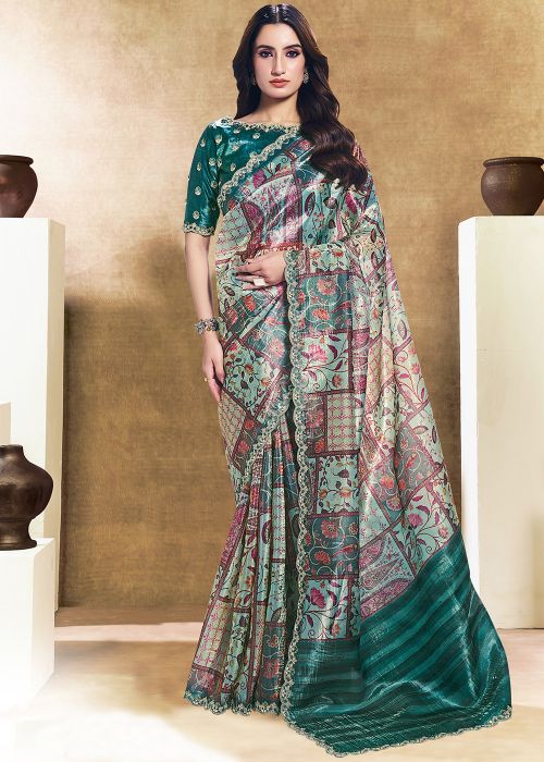 Pastel Blue Silk Saree With Floral Motifs