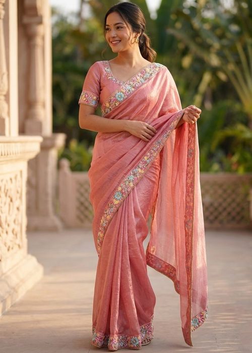 Pink Chiffon Saree With Floral Border