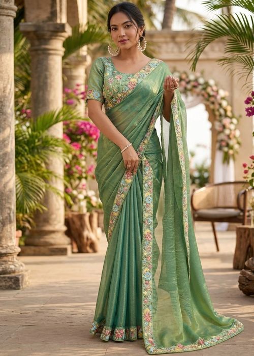 Sage Green Chiffon Saree With Beads Work