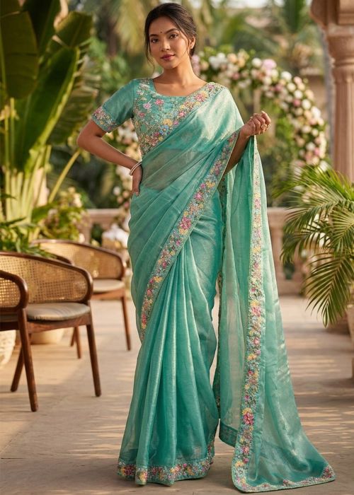 Turquoise Chiffon Saree With Floral Work