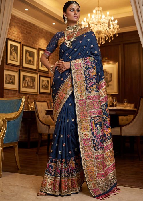 Blue Art Silk Saree With Woven Border