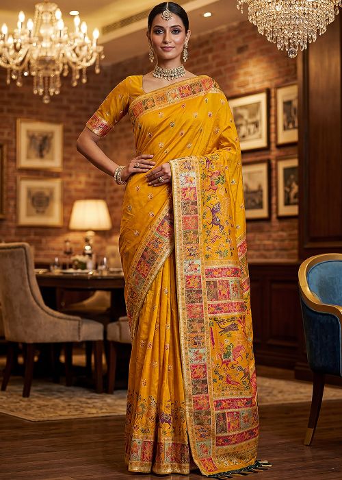 Yellow Art Silk Saree With Woven Accents