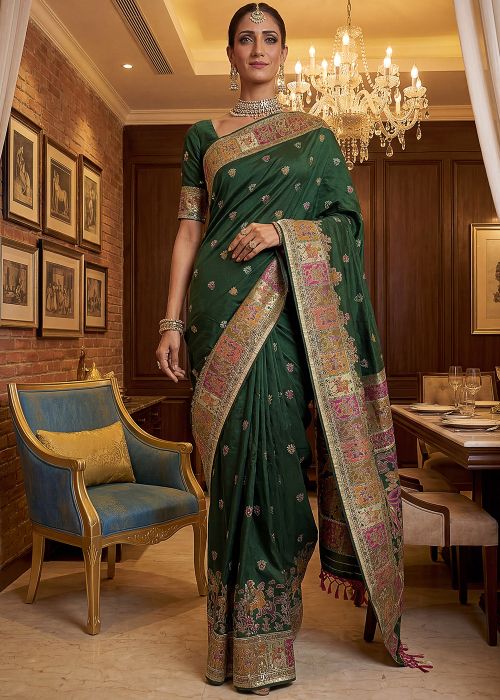 Green Art Silk Saree With Woven Work Border