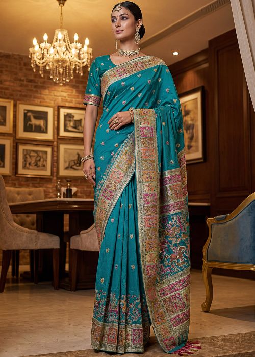 Turquoise Art Silk Saree With Woven Border