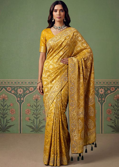 Mustard Yellow Woven Art Pashmina Silk Saree