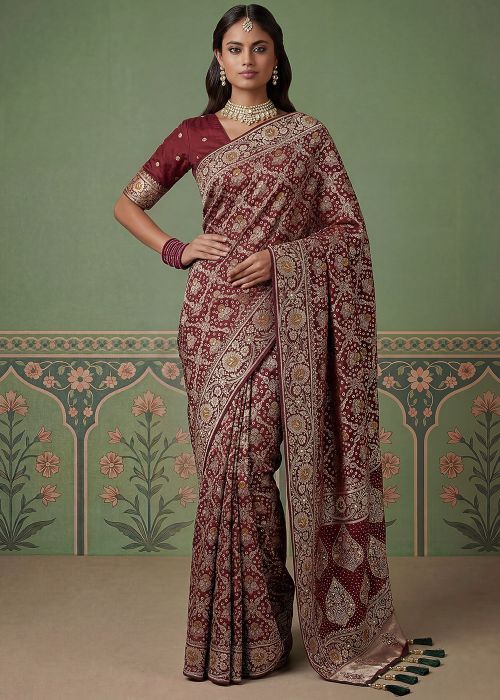 Wine Woven Work Art Pashmina Silk Saree