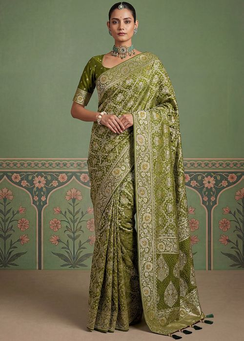 Green Art Pashmina Silk Saree With Woven Work