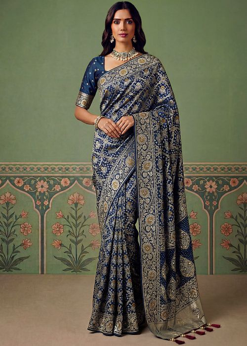 Navy Blue Art Pashmina Silk Woven Saree