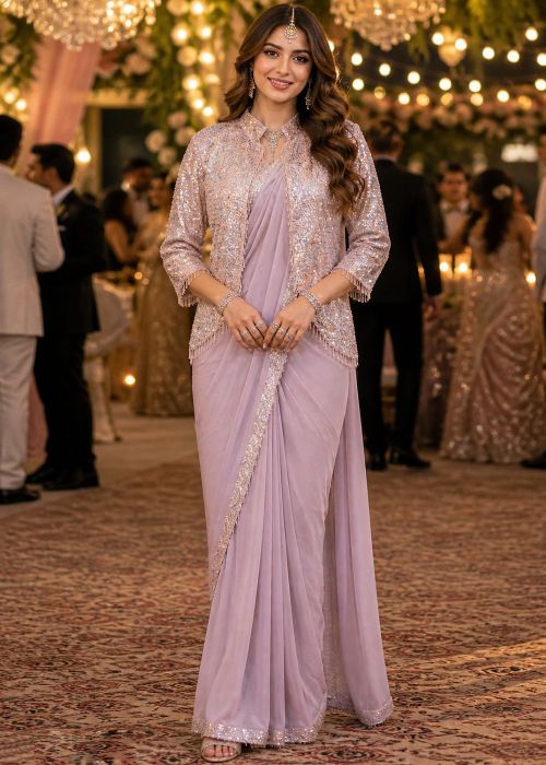 Lavender Pre-Stitched Saree With Jacket