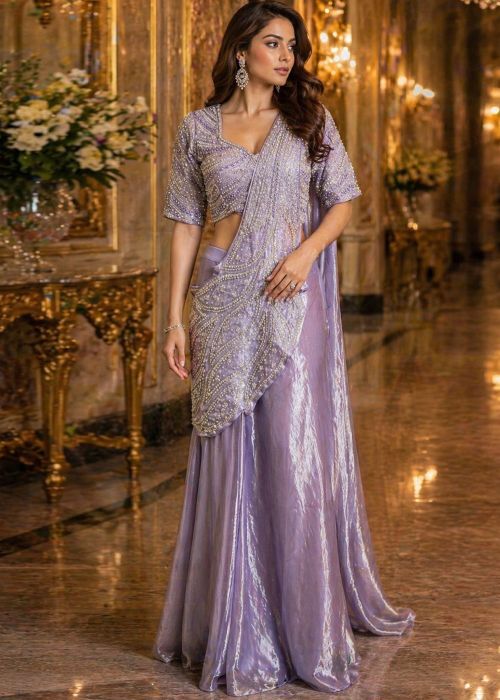 Lavender Pre-Stitched Saree With Cut Beads