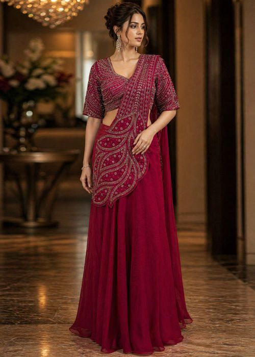 Wine Pre-Stitched Saree With Sequins Work