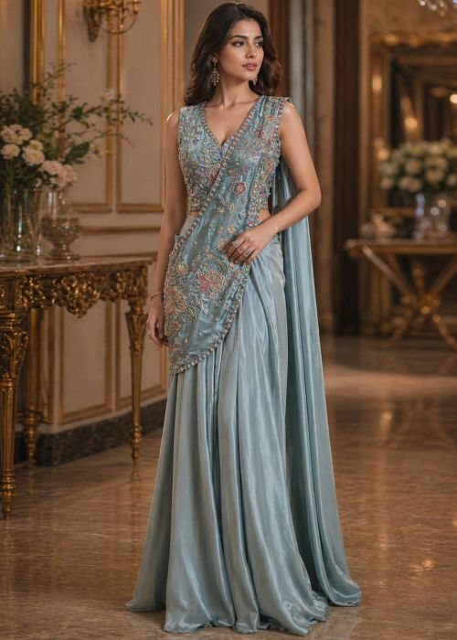 Blue Satin Pre Stitched Saree With Beads
