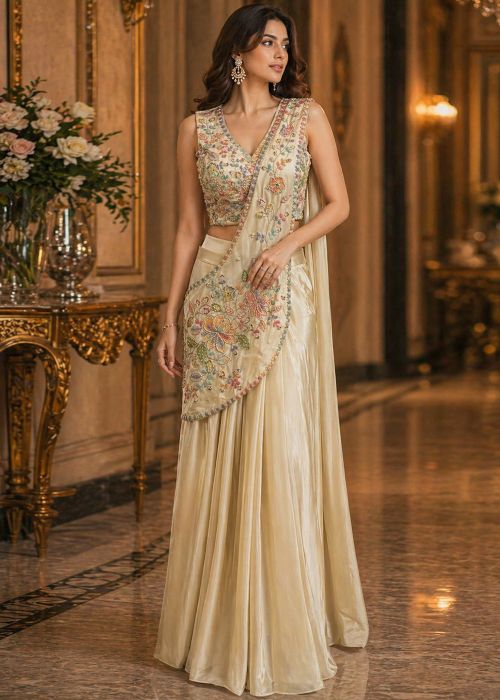 Cream Satin Pre Stitched Saree With Sequins