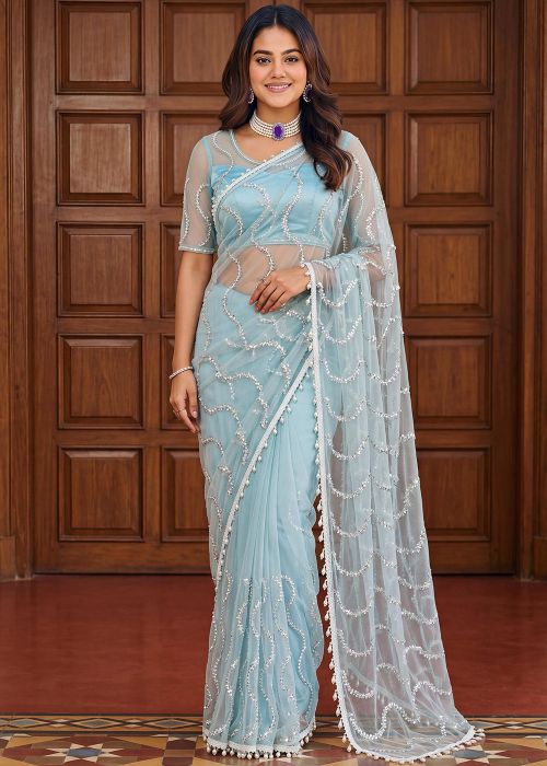 Powder Blue Net Saree With Sequin Detail