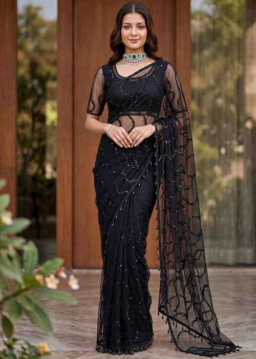 Black Net Saree With Beaded Work