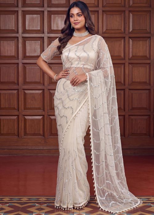 Off White Net Saree With Shimmer Sequin