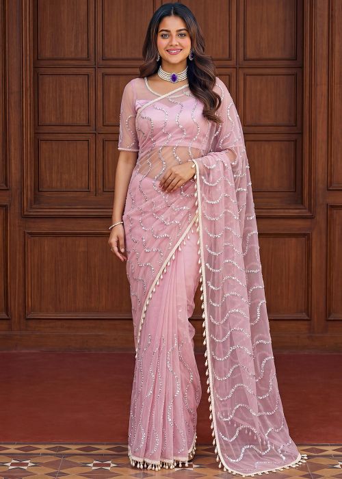 Pink Net Saree With Sequins Work