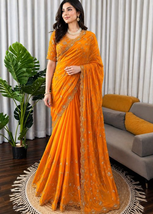 Orange Art Silk Saree With Beads Embroidery