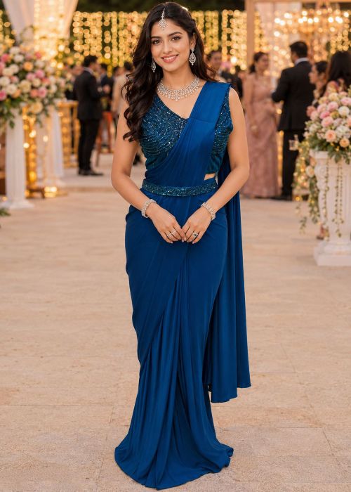 Blue Pre-Stitched Saree With Beads Accent