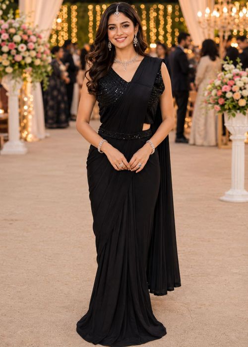Black Pre-Stitched Saree With Beadswork