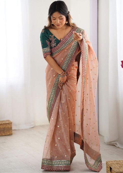 Peach Tissue Saree With Delicate Work