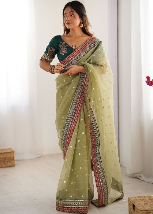 Light Green Tissue Saree With Dori Embroidery