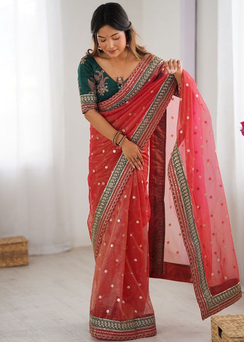 Coral Red Tissue Saree With Embroidered Border
