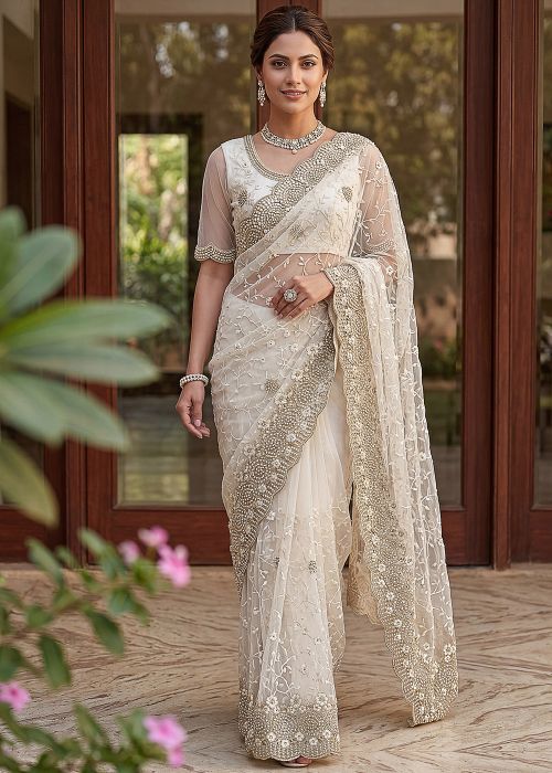 White Net Saree With Stone Embroidery
