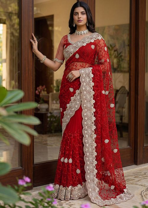 Red Net Saree With Border Work