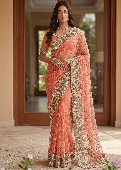 Peach Net Saree With Beaded Embroidery