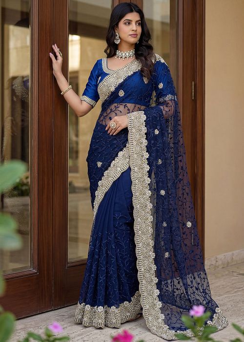 Royal Blue Net Saree With Stone Work