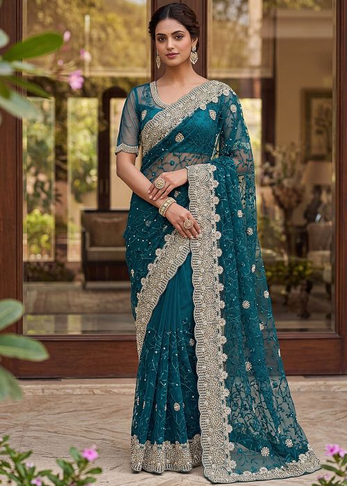 Teal Blue Net Saree With Embroidered Border