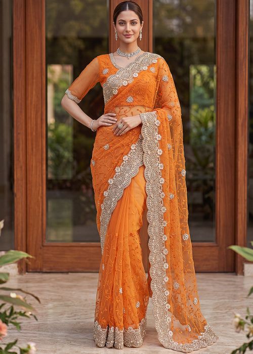 Orange Net Saree With Embroidered Border