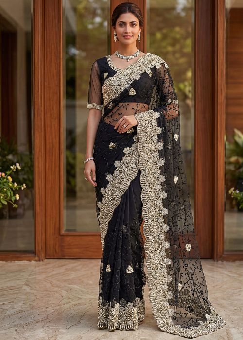 Black Net Saree With Embellished Border