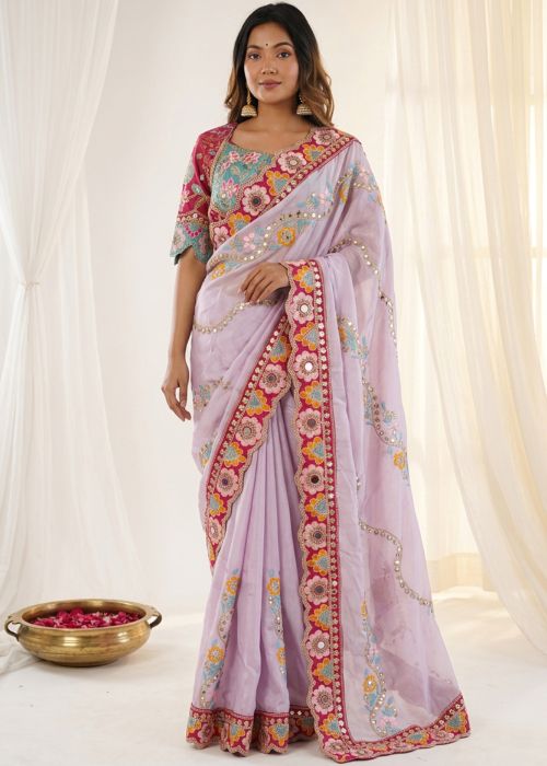 Lavender Art Silk Saree With Scallop Work