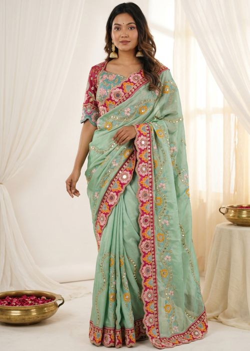 Mint Green Art Silk Saree Floral Border