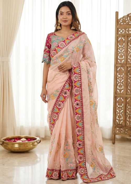 Peach Art Silk Saree With Floral Embroidery