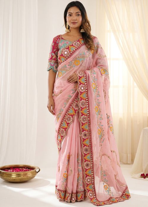 Blush Pink Art Silk Saree With Mirror Work