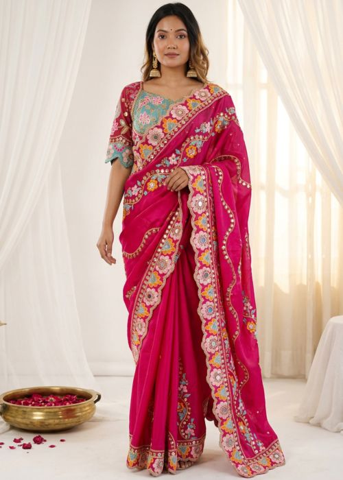 Pink Art Silk Saree With Floral Border
